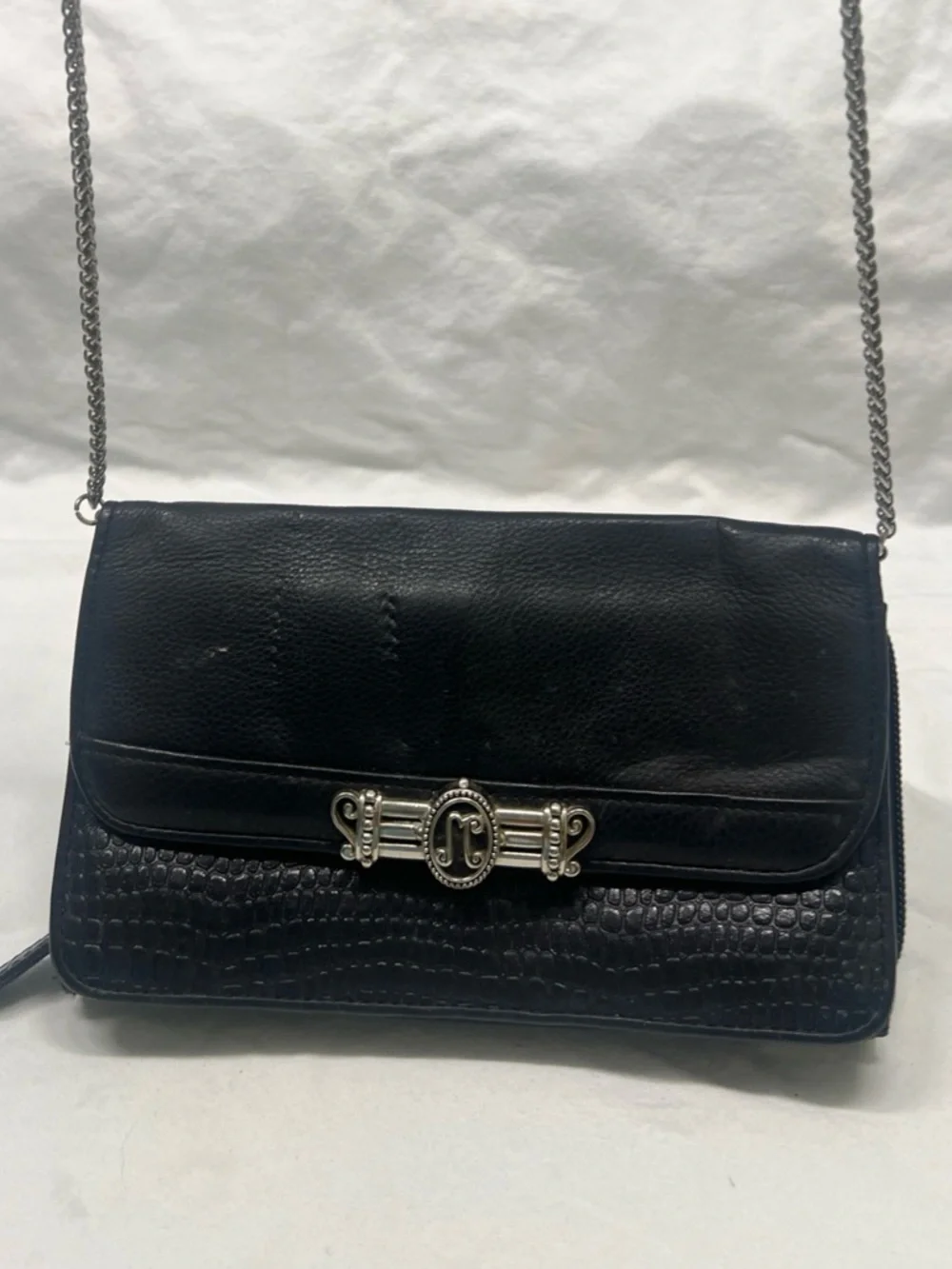 VTG Black Leather Wallet Clutch Crossbody Chain Strap Organizer Purse